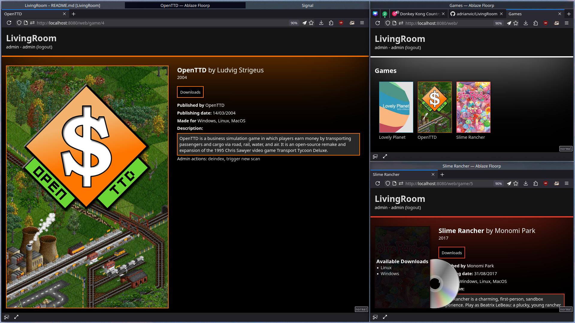 Screenshot showing three browser sessions containing the games page, the game page and the download page.